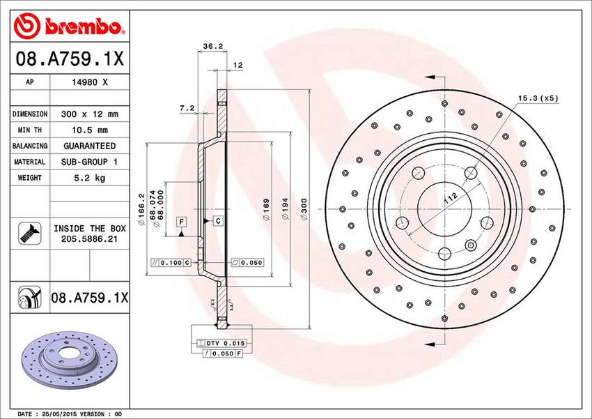 Audi Brembo Disc Brake Rotor - Rear (300mm) 8K0615601M